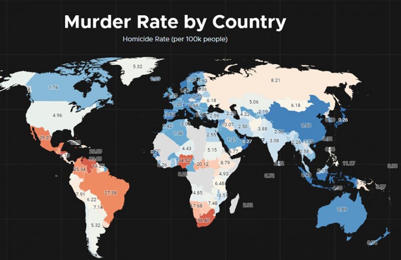 Глобальный уровень убийств. Опаснее всего в Латинской, Южной Америке и Африке