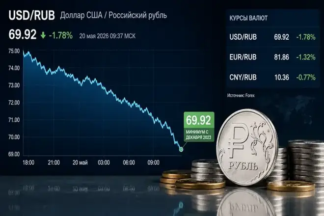Рубль укрепился до максимума с 2023 года: ниже 70 рублей за доллар